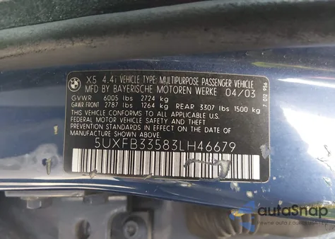 2003 BMW X5 4.4I z USA, uszkodzony, nr VIN 5UXFB33583LH46679